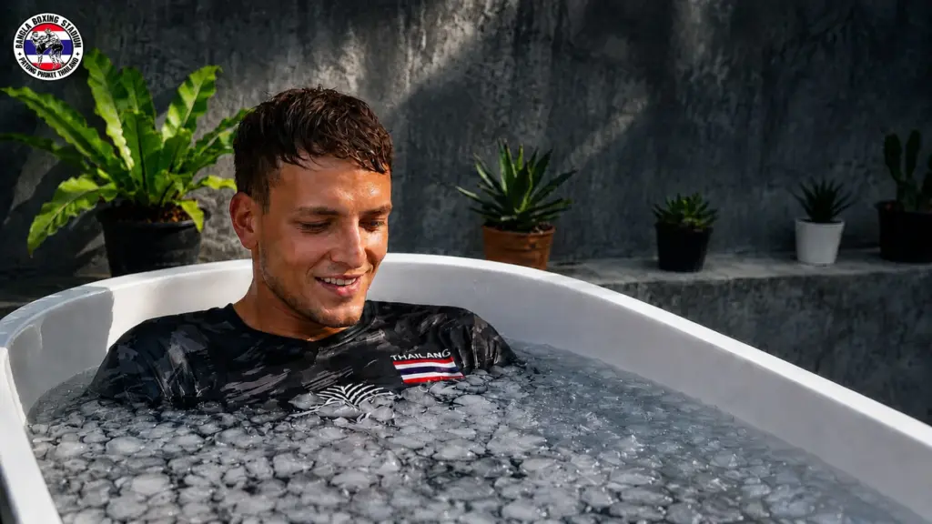 Fighter recovering in an ice bath after training muay thai in phuket