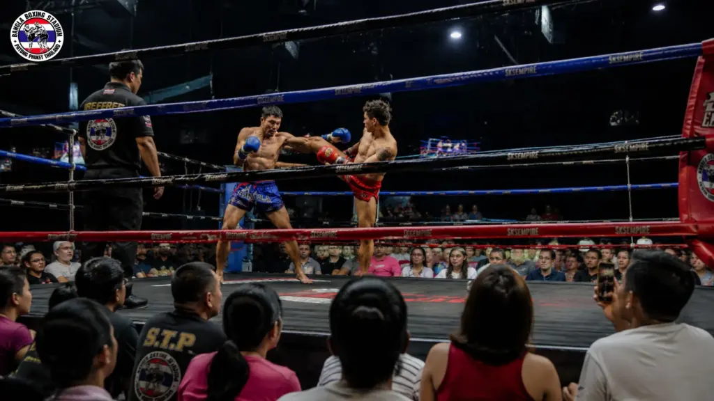 Muay Thai fighters competing in the ring at Bangla Stadium Patong in front of spectators