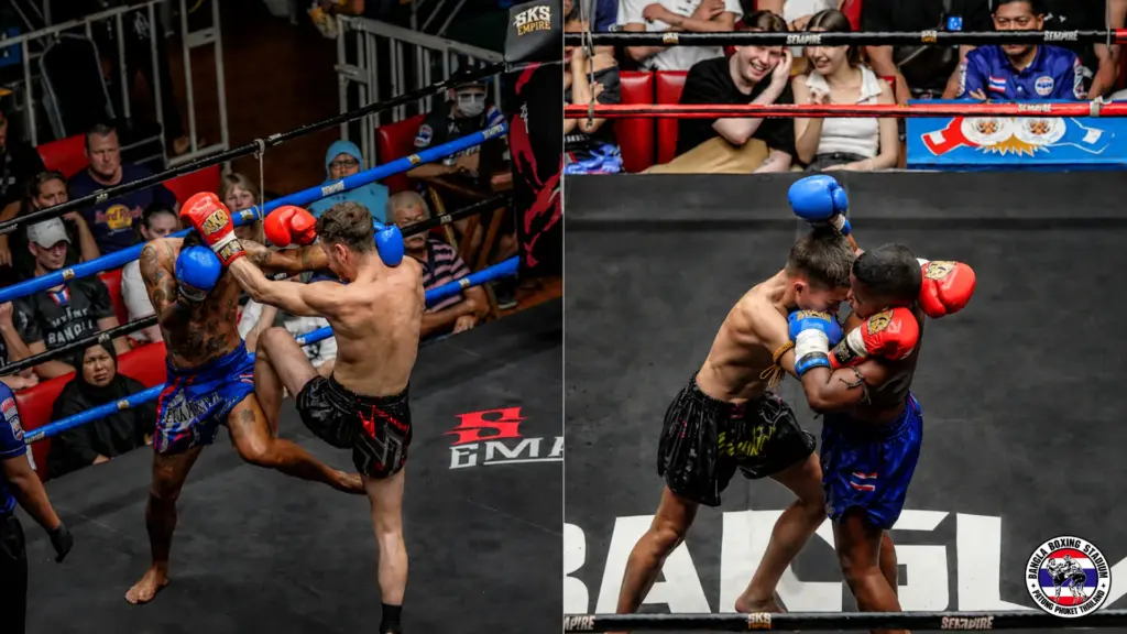 Professional Muay Thai fights showing competitors in action at a boxing stadium in Phuket.