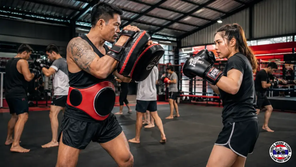 Trainer holding pads for a woman training at a gym providing the best Muay Thai in Thailand
