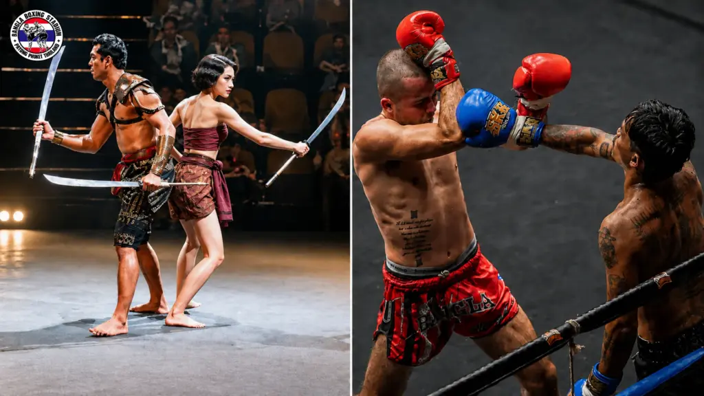 Traditional Thai sword fight performance and Muay Thai boxing competition at Bangla Stadium