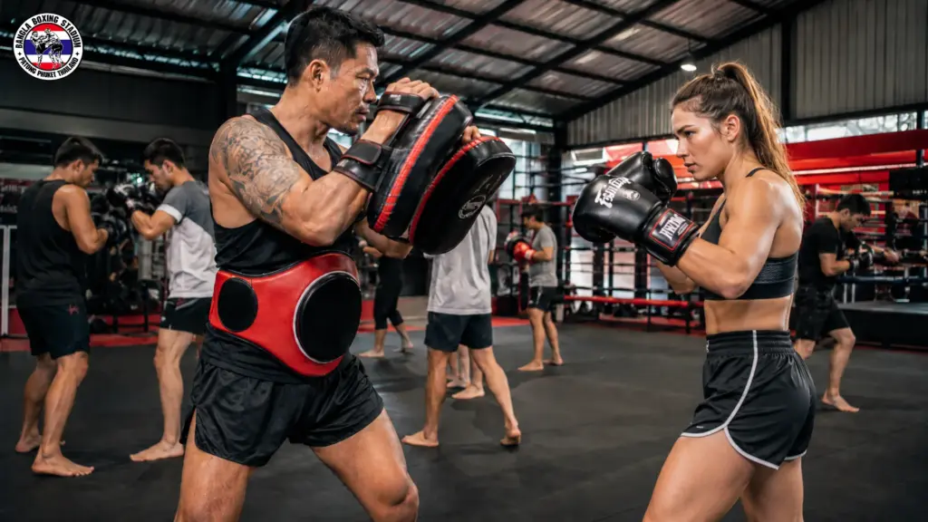 Woman practicing muay thai with a trainer in a thailand boxing gym during training holidays