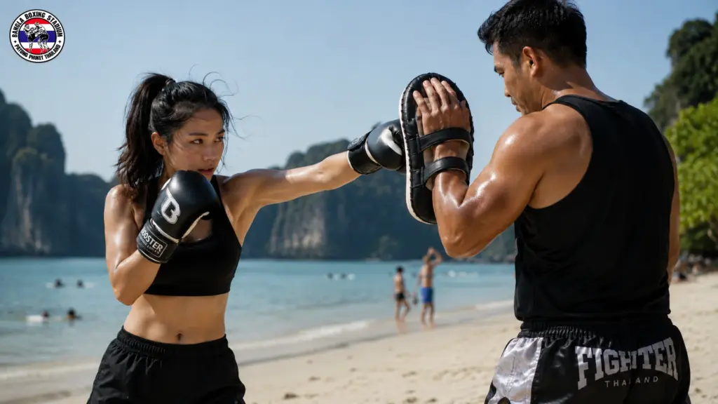 Woman practicing Muay Thai with a trainer on a sunny beach during Thailand training holidays.
