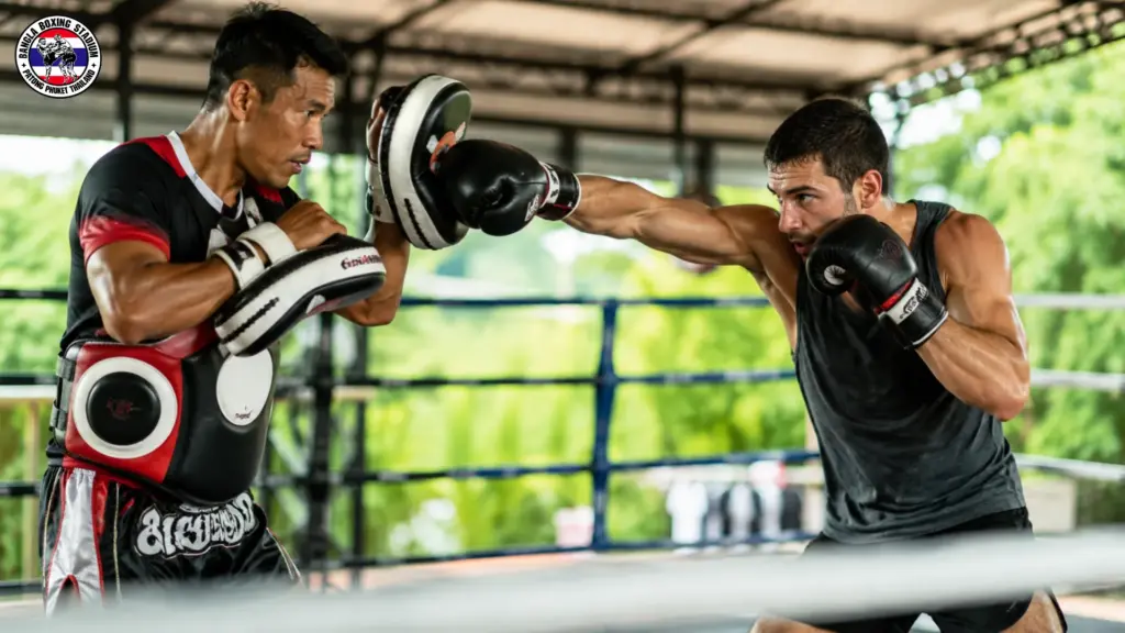 Traveller throwing a punch on the pads with a Thai trainer on a muay thai holiday