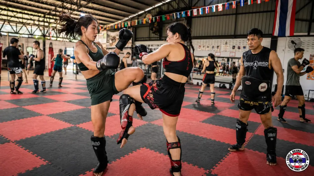Two students sparring with high kicks at a Thailand muay thai camp