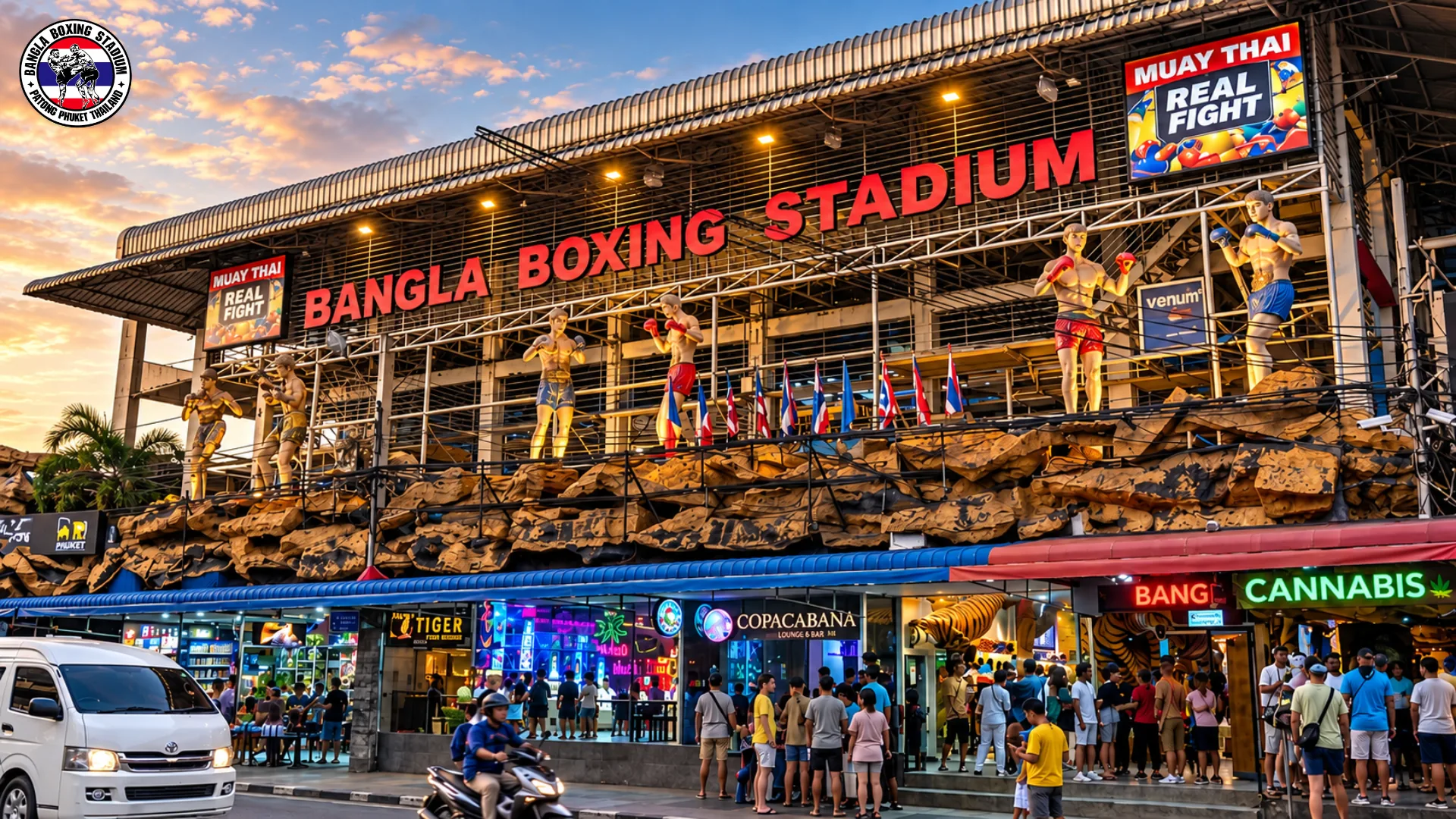 Bangla Boxing Stadium entrance in Patong at sunset before Muay Thai fights tonight