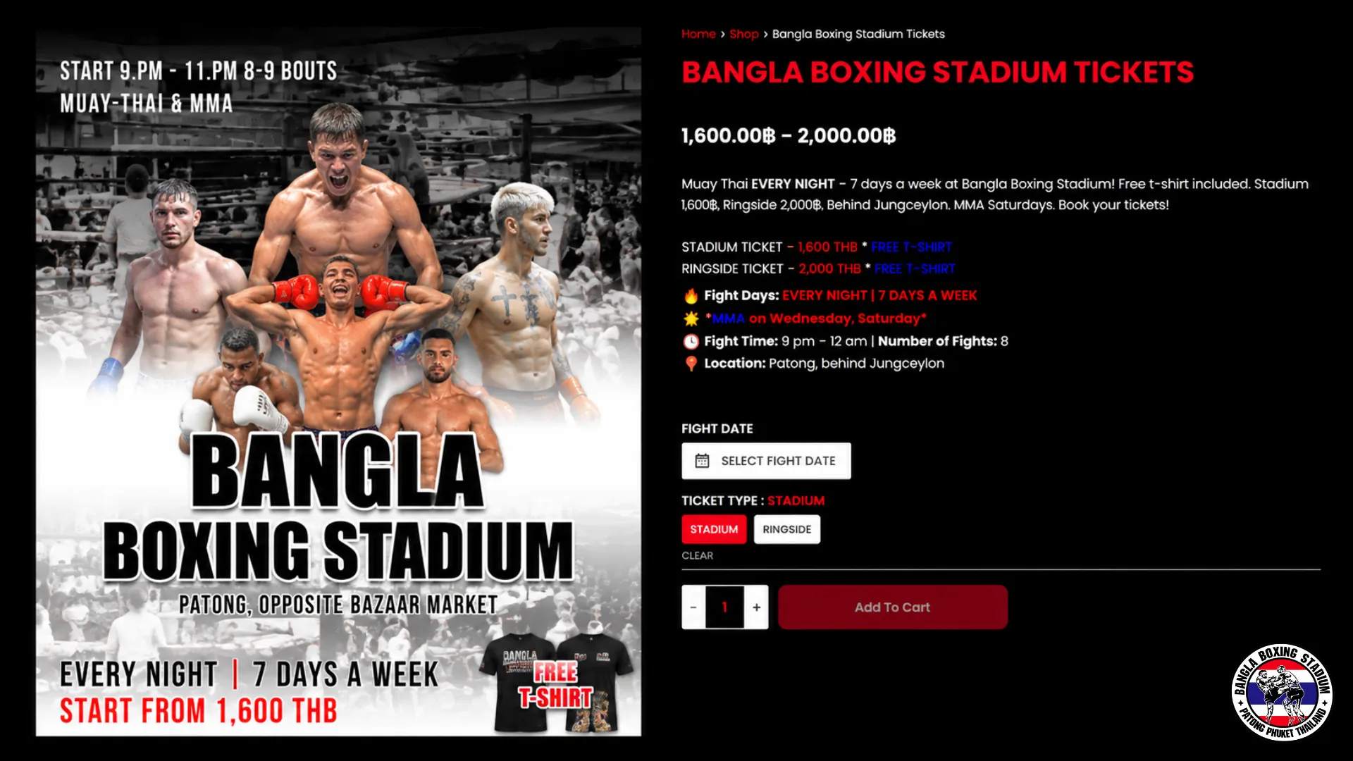 Bangla Boxing Stadium ticket page showing Stadium and Ringside ticket options
