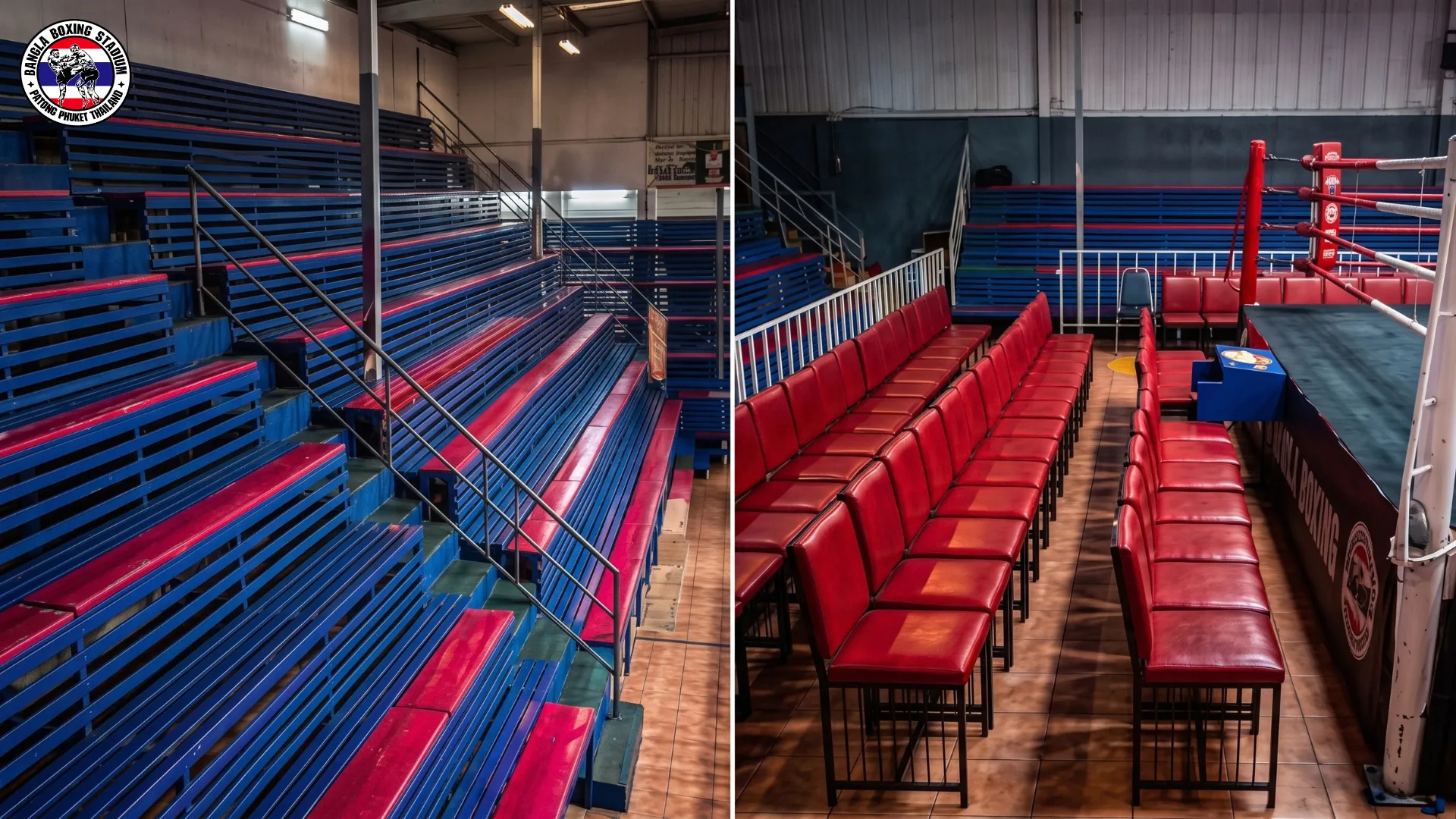 Empty stadium benches and red ringside chairs at Bangla Boxing Stadium before fight night