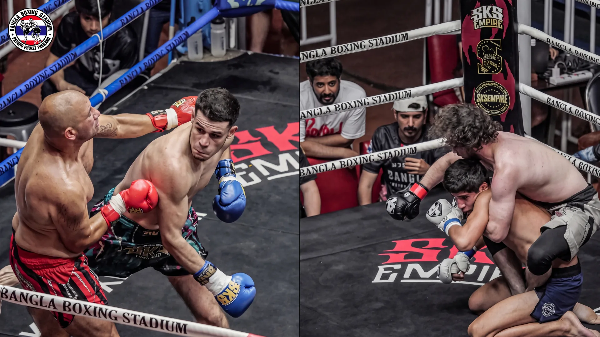 MMA fighters trading punches and grappling on the canvas inside the roped ring at Bangla Boxing Stadium