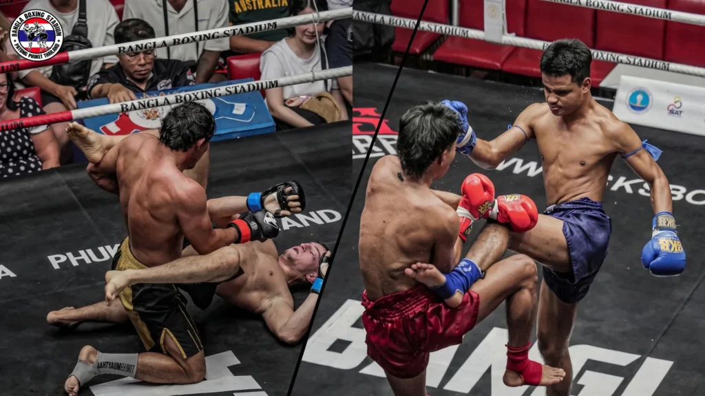 MMA Muay Thai fight night at Bangla Boxing Stadium with a ground fight and a Muay Thai kick side by side