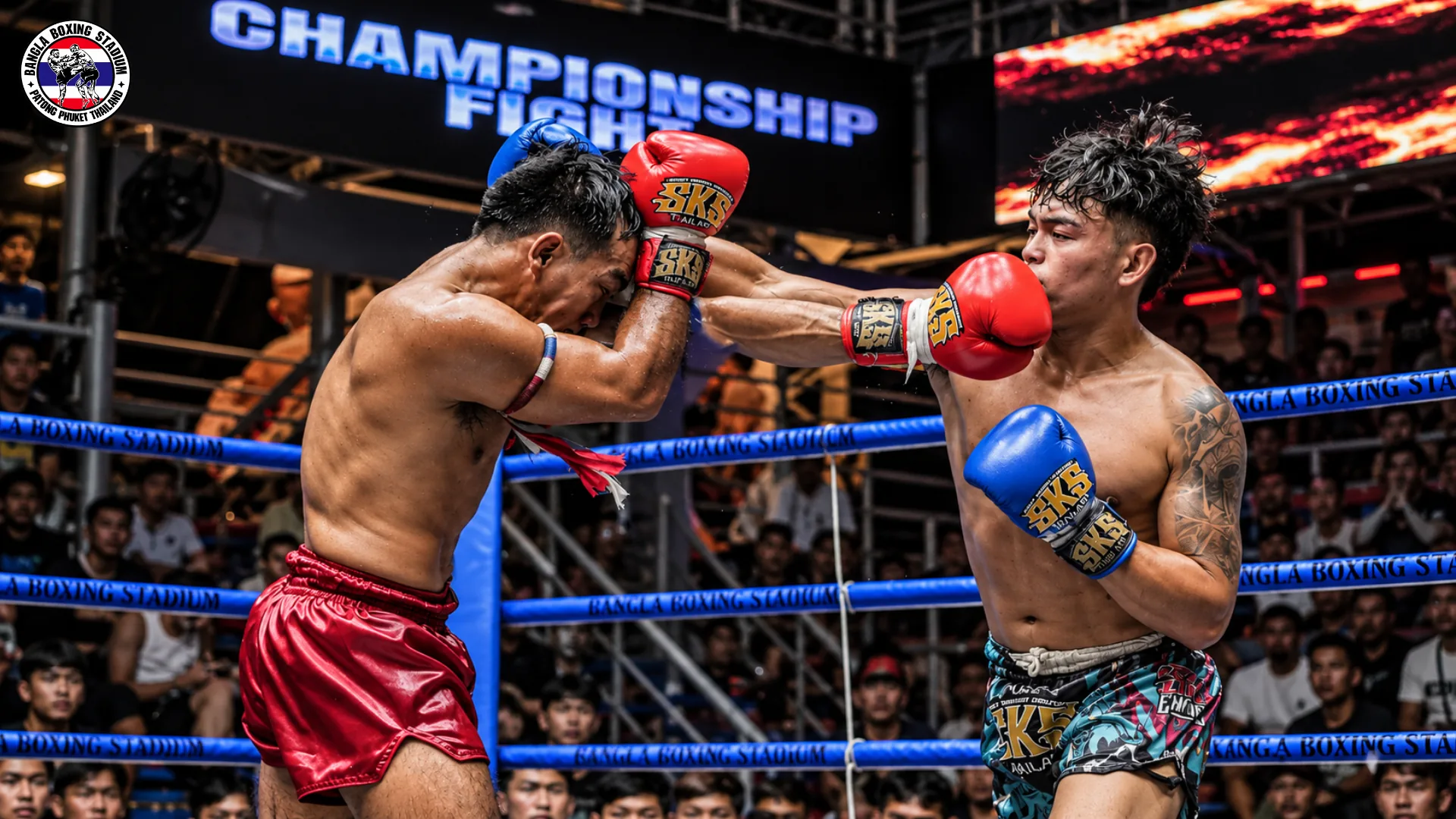 Two Muay Thai fighters exchanging strikes under the lights on fight night