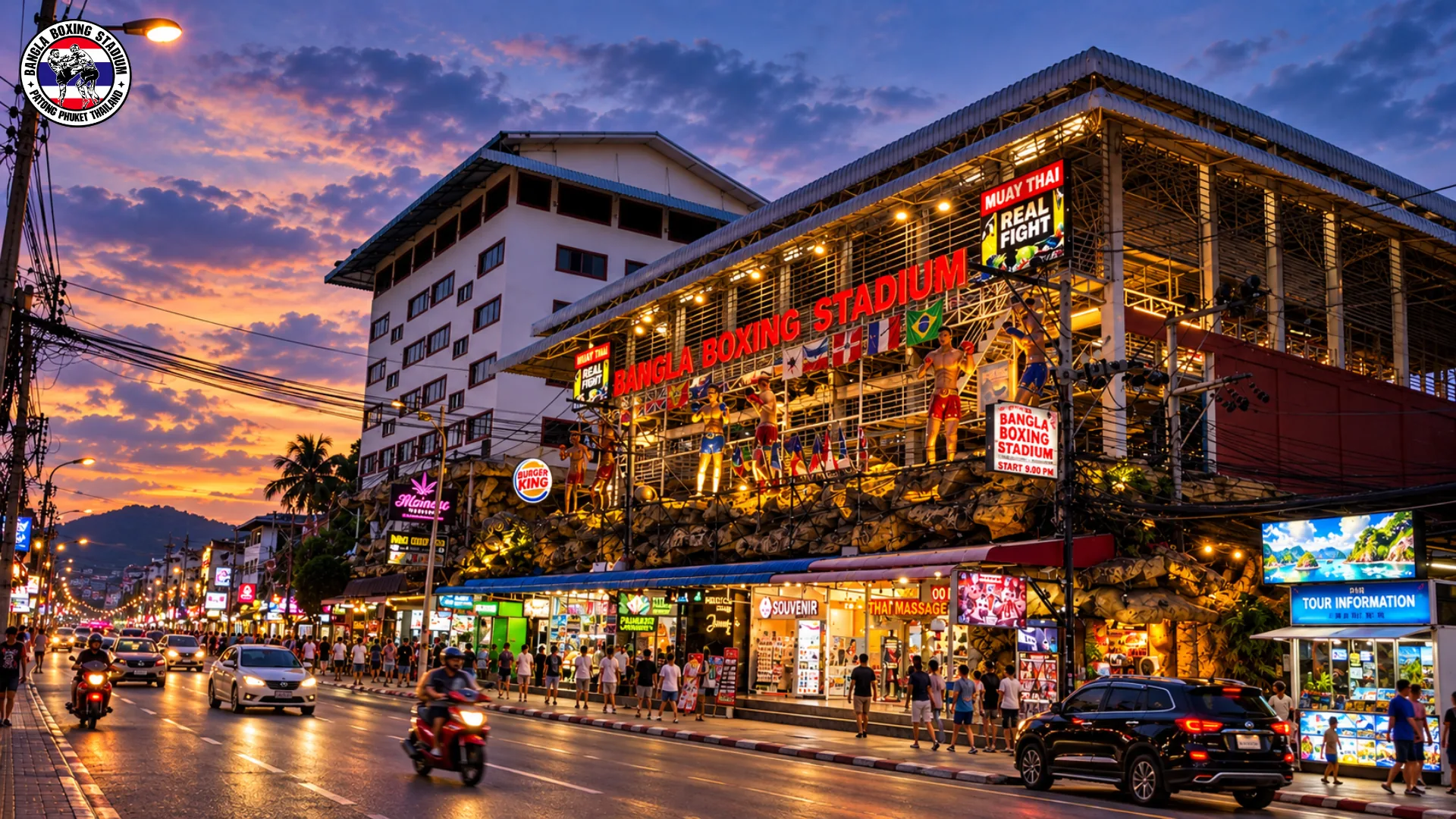 Bangla Boxing Stadium building lit up at dusk in Patong