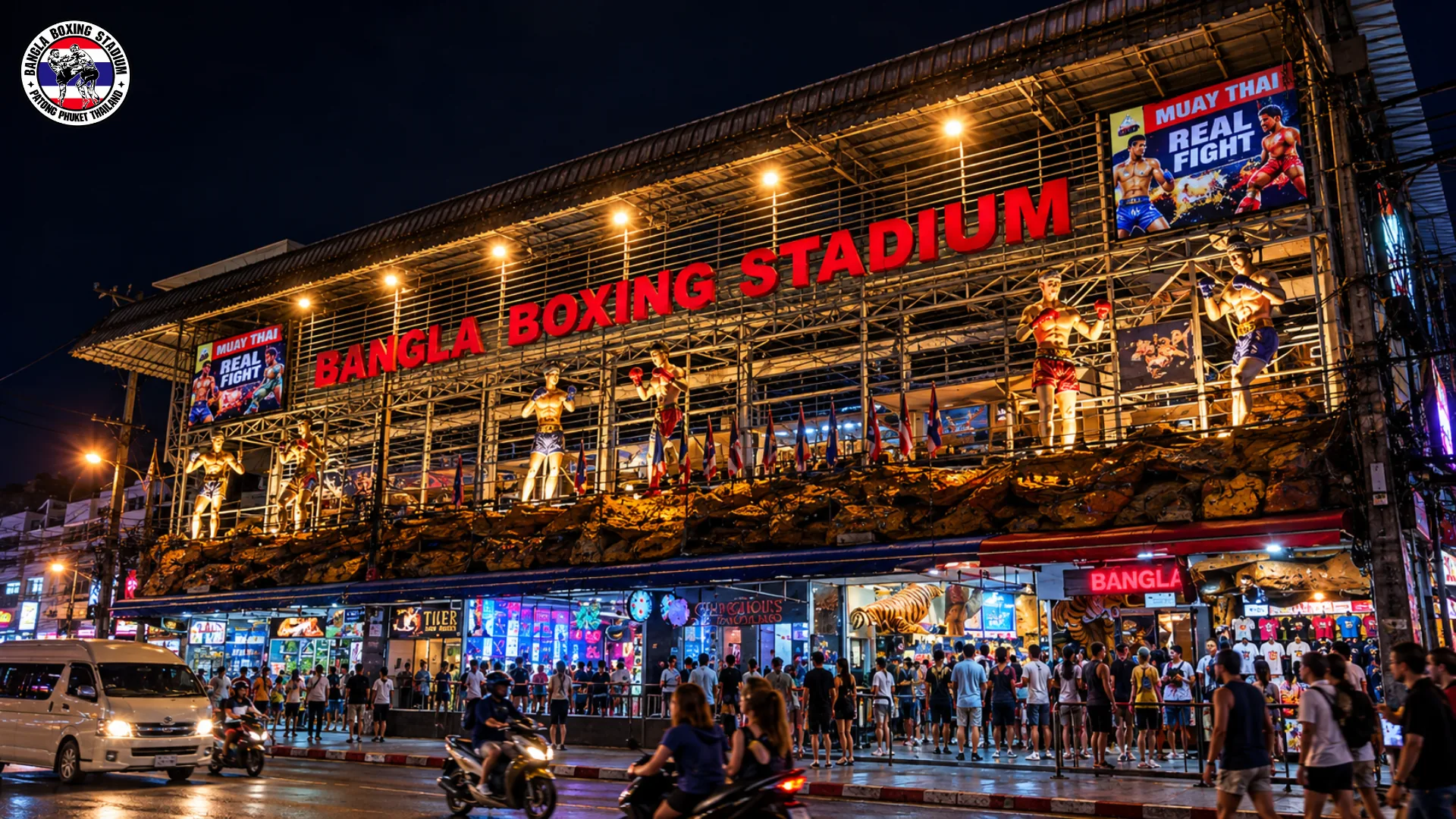 Bangla Boxing Stadium entrance lit up at night in Patong