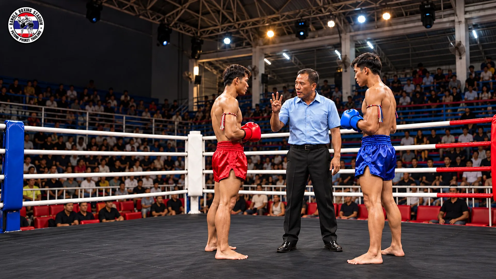 Referee giving instructions to the red and blue corner fighters before a round
