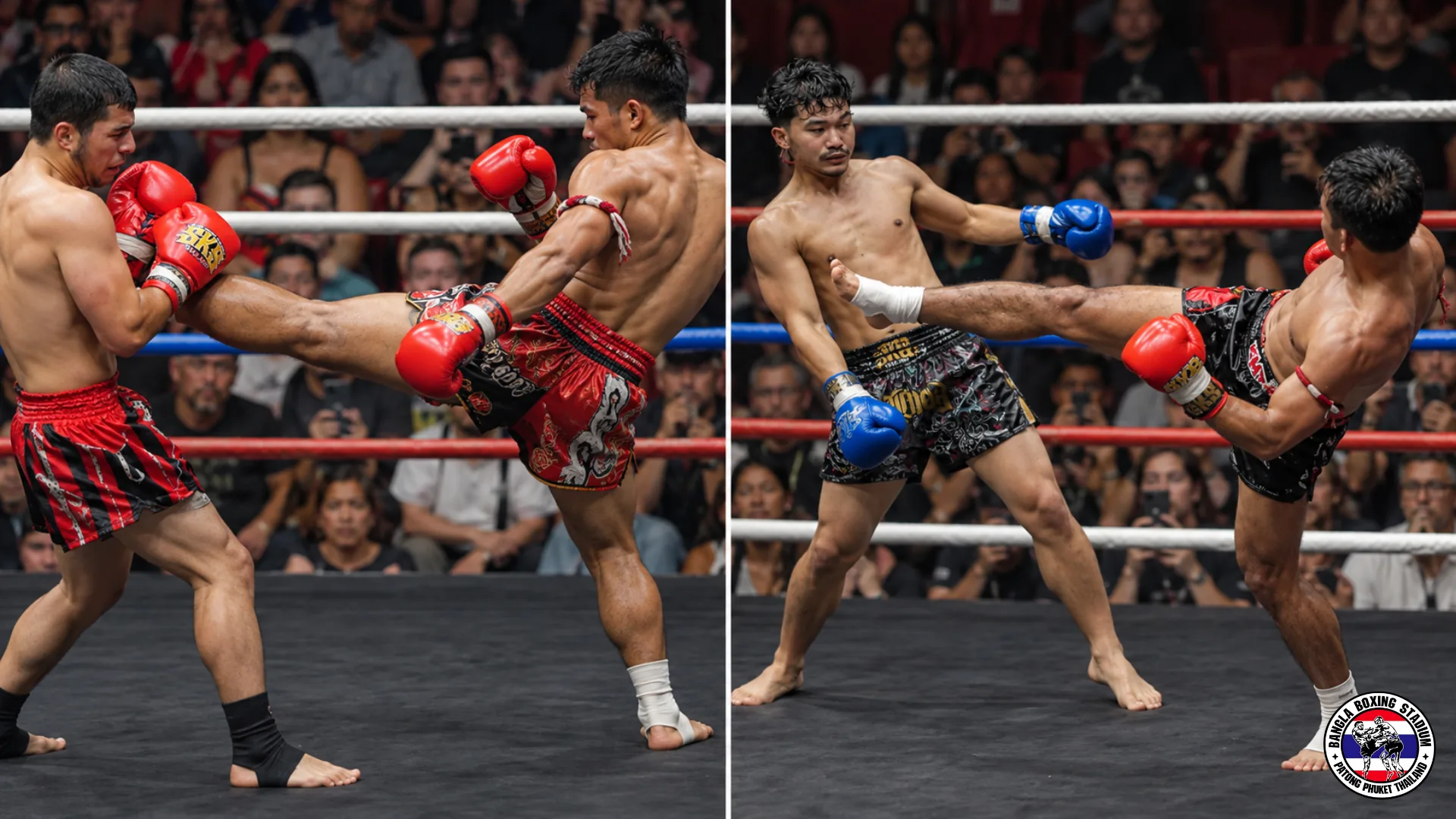 Split view comparing a Muay Thai roundhouse kick with a kickboxing kick