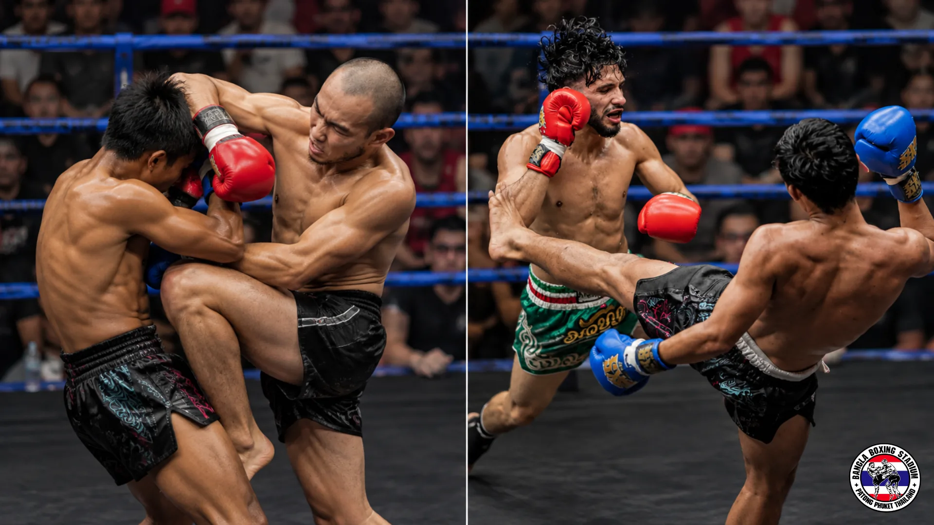 Split view of a Muay Thai clinch and a kickboxing style kick exchange