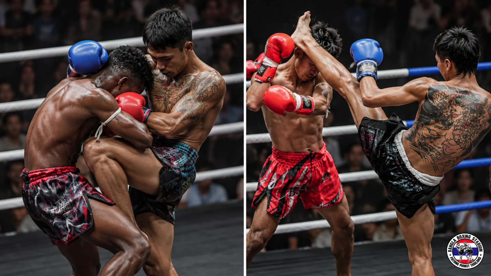 Split view of a Muay Thai clinch knee and a high kick exchange